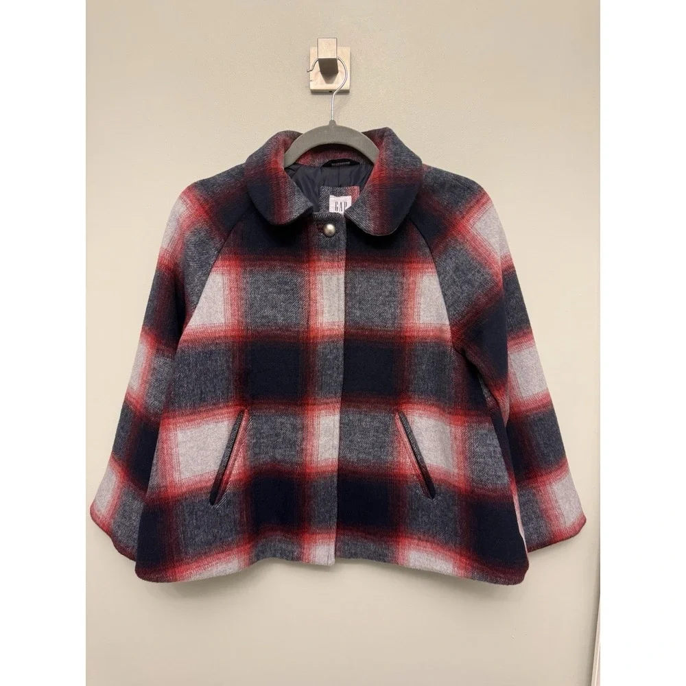 Gap Kids Plaid Pea Coat Girls Large Blue Red Wool Blend‎ Cape Jacket